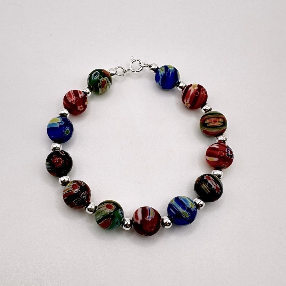 7"  Italian Millefiori Colorful Glass beaded bracelet w/ 925 clasp!